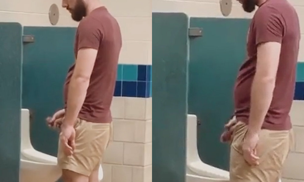 guy with big thick penis caught peeing at the urinals