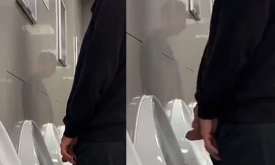 hot lad with uncut cock caught peeing at urinal