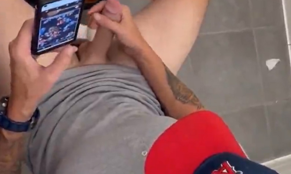 Guy with thick dick found masturbating in a public toilet